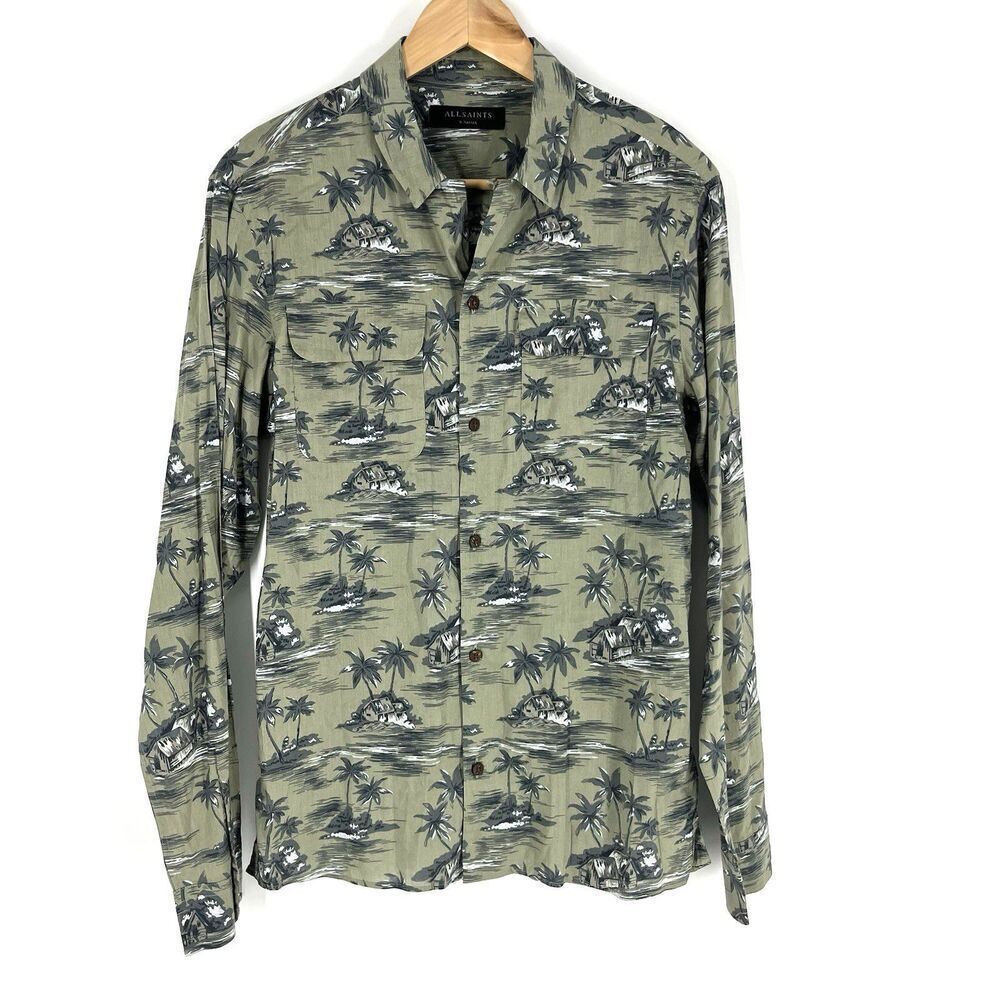 All Saints Shirt Size XS Men Green Marooned Button Up Long Sleeve Hawaiian Beach